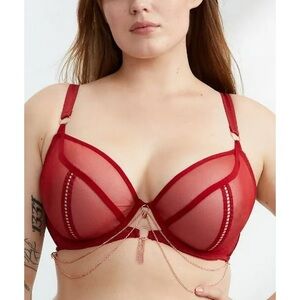 Scantilly unchained sheer plunge bra in deep red size 34FF 34H